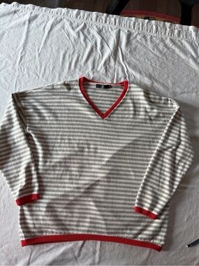 Women’s Striped V-Neck Sweater with Red Trim